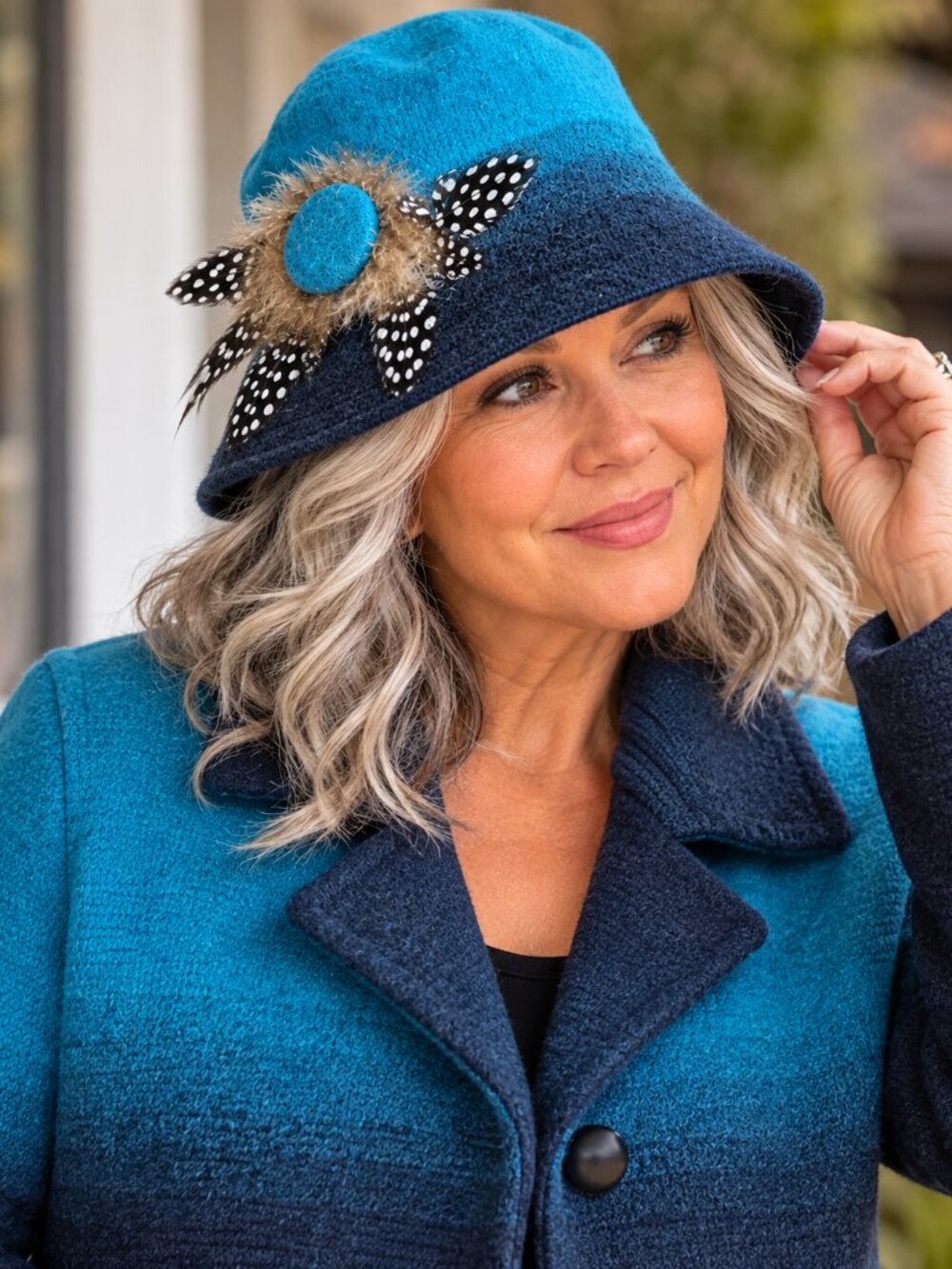 Magid Hats Blue Ombre 100% Wool Cloche Bucket Hat Feather Flower Boho